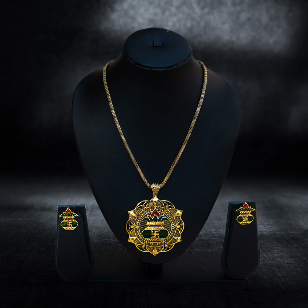 Gold-Plated Swastika & Kalash Pendant Set - Necklace in Brass material with 24K Gold Plated plating