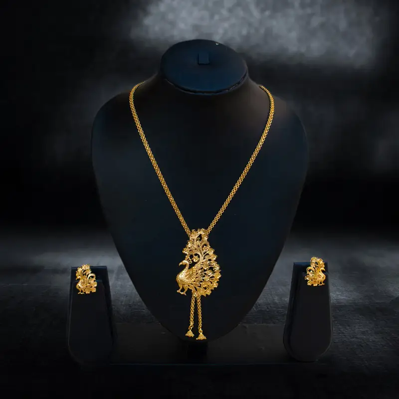 Gold-Plated Intricate Peacock Pendant Necklace Set - View 1