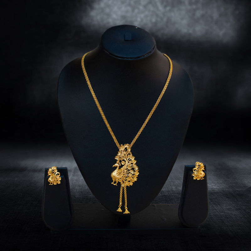 Gold-Plated Intricate Peacock Pendant Necklace Set - Necklace Set in Copper material with 24K Gold Plated plating