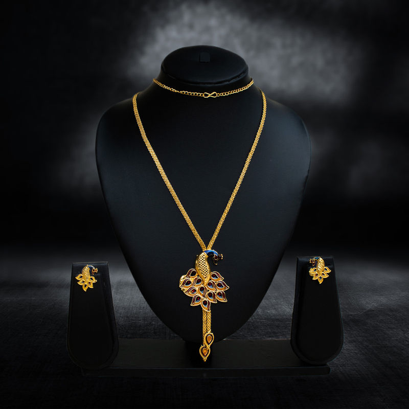 Gold-Plated Enamel Peacock Pendant Set - Necklace Set in Brass material with 24K Gold Plated plating