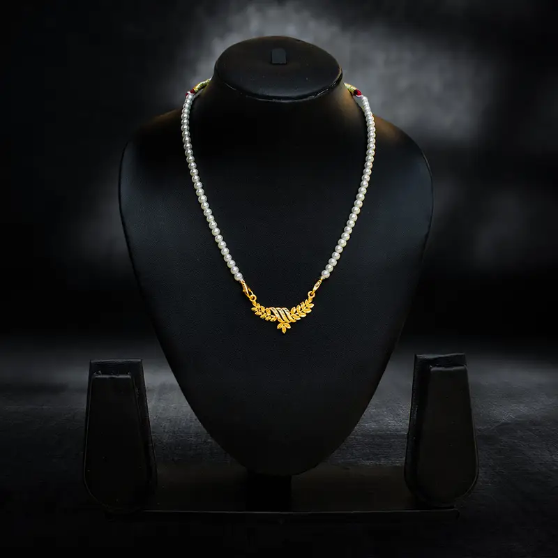 Elegant Single Strand Pearl Necklace with Gold-Plated Leaf Motif - View 1