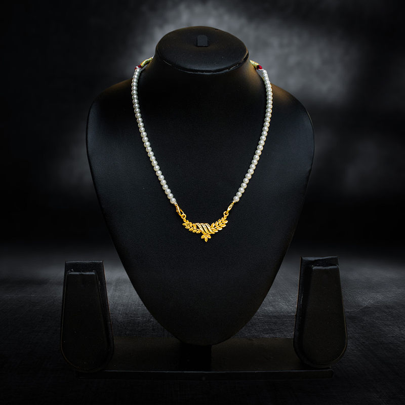 Elegant Single Strand Pearl Necklace with Gold-Plated Leaf Motif - Necklace Set in Brass material with 24K Gold Plated plating