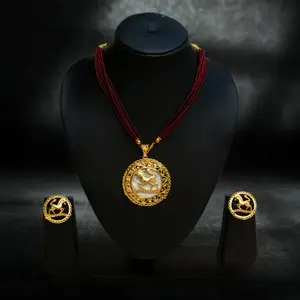 Unique Equestrian Motif Beaded Necklace Set with Shell Background thumbnail 1