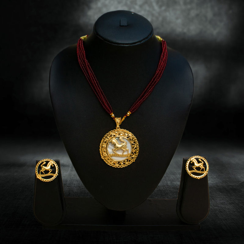 Unique Equestrian Motif Beaded Necklace Set with Shell Background - Necklace Set in Brass material with 24K Gold Plated plating