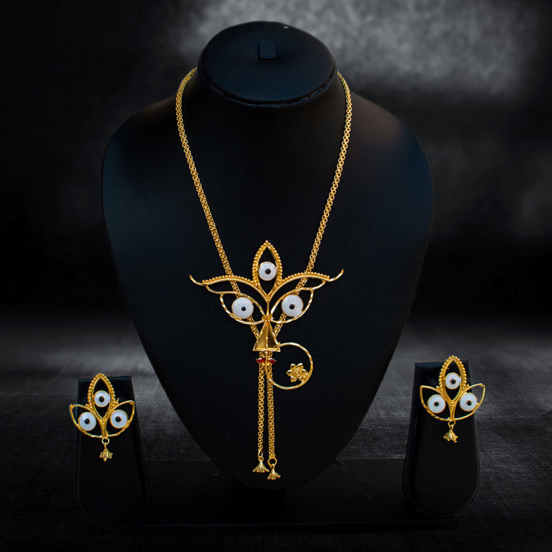 Devotional Durga Mata Face Necklace Set with Shell Accents - Necklace Set in Brass material with 24K Gold Plated plating