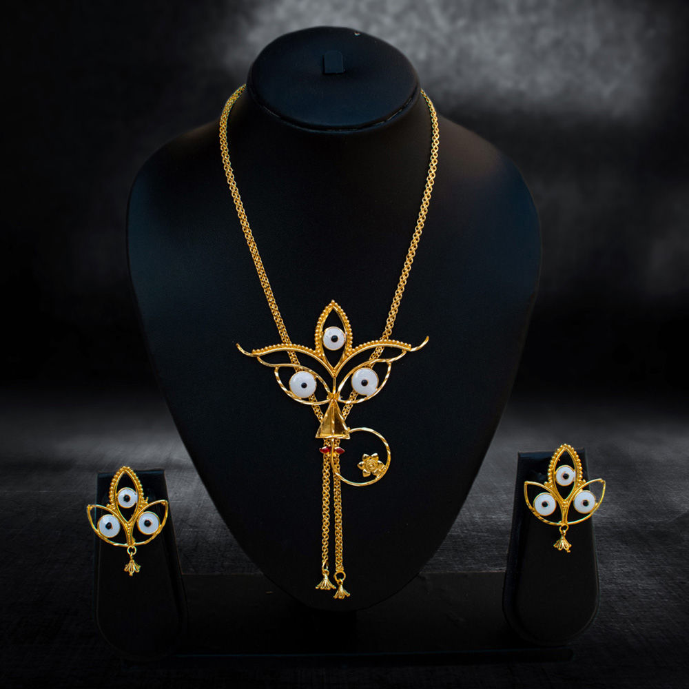 Devotional Durga Mata Face Necklace Set with Shell Accents - Necklace in Brass material with 24K Gold Plated plating