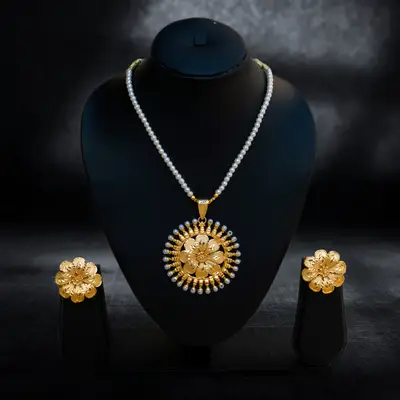 Gold-Plated Sunflower Motif Pendant on Pearl Chain