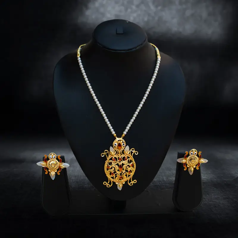 Auspicious Kurma (Tortoise) Motif Pearl Necklace Set - Necklace Set in Brass material with 24K Gold Plated plating