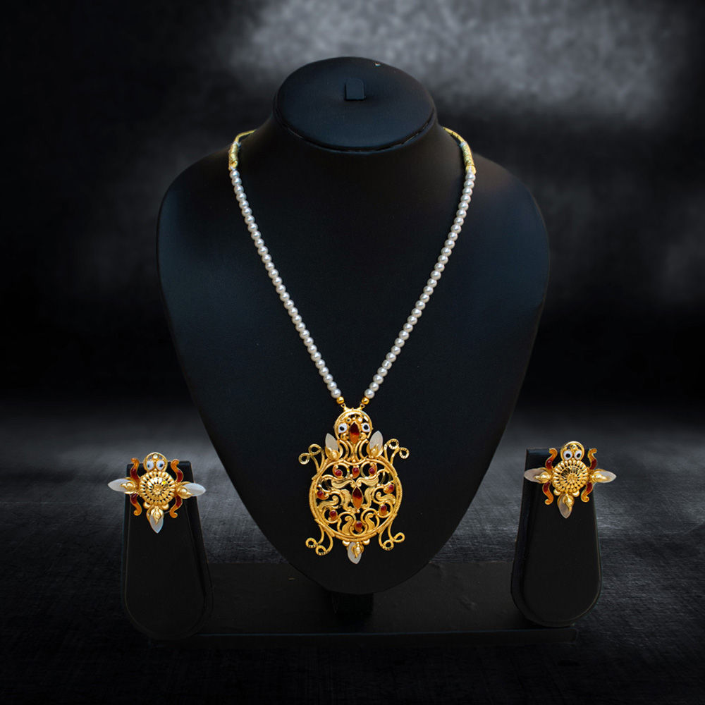 Auspicious Kurma (Tortoise) Motif Pearl Necklace Set - Necklace in Brass material with 24K Gold Plated plating