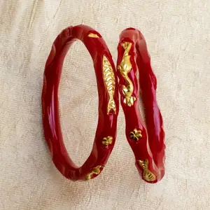 Auspicious Fish & Floral Red Pola Bangles thumbnail 1