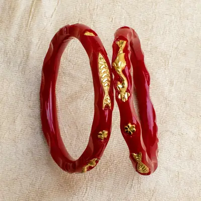 Auspicious Fish & Floral Red Pola Bangles