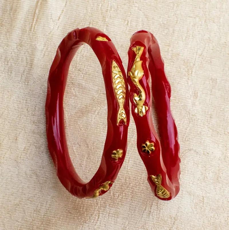 Auspicious Fish & Floral Red Pola Bangles - View 1