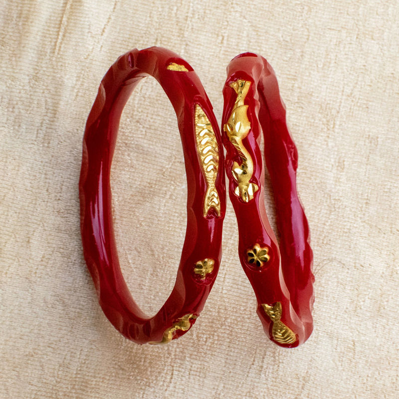 Auspicious Fish & Floral Red Pola Bangles - Pola in Base Metal: Copper material with 24K Gold Plated plating