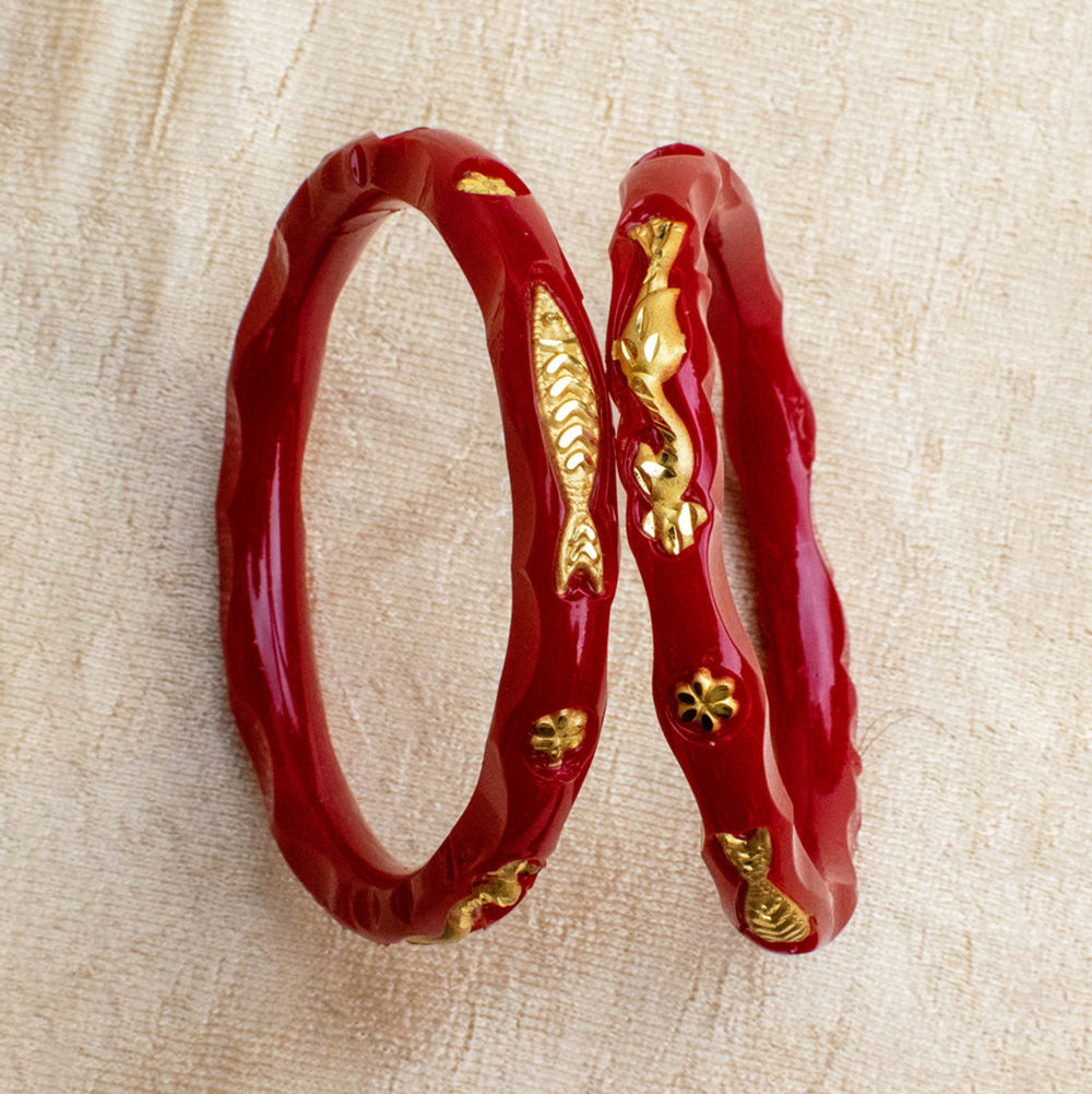 Auspicious Fish & Floral Red Pola Bangles - Pola in Base Metal: Copper material with 24K Gold Plated plating