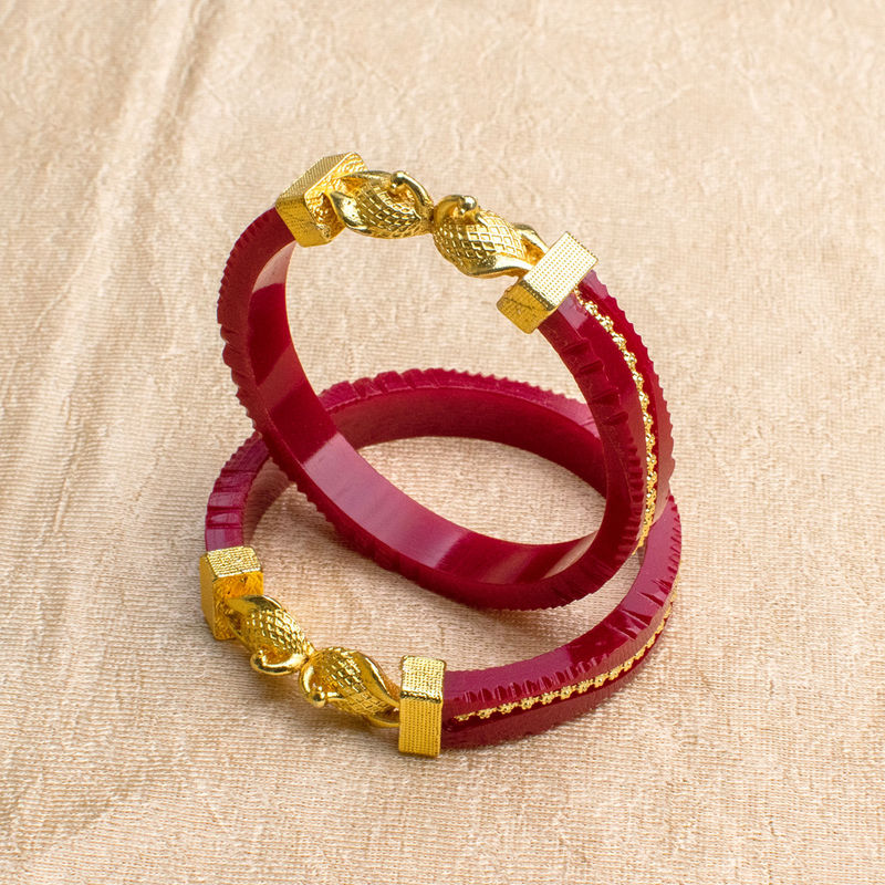 Gold-Plated Peacock Motif Red Pola Bangles - Pola in Base Metal: Copper material with 24K Gold Plated plating