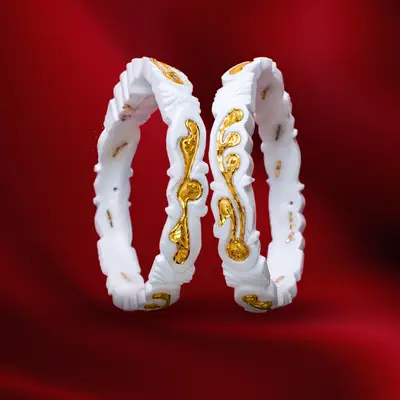 Original Shell Shankha (Shakha) Bangles with Gold-Plated Butterfly and Peacock