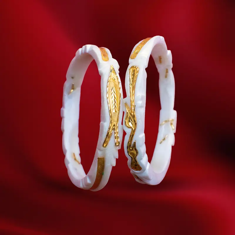 Original Shankha (Shakha) Bangles with Gold-Plated Fish & Peacock Design - Shankha in Shankha: Original Shell, Base Metal: Copper material with 24K Gold Plated plating
