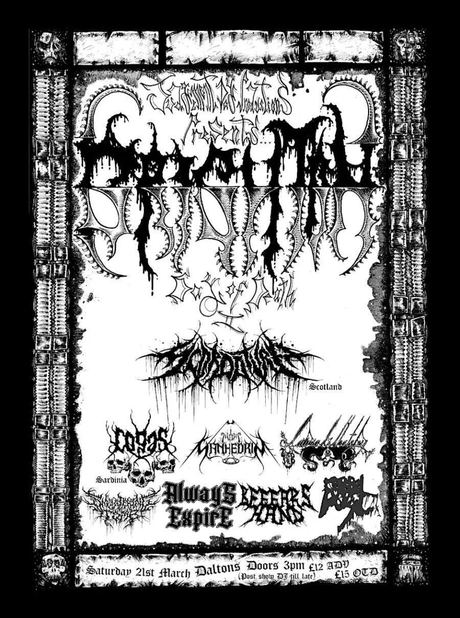 Sanhedrin live in Brighton at Daltons with Scordatura, Cogas, Lavinia Whateley, Smouldering Tomb, Beggars Hand, Always Expire, Cerebral Autopsy - 21 Mar 2026