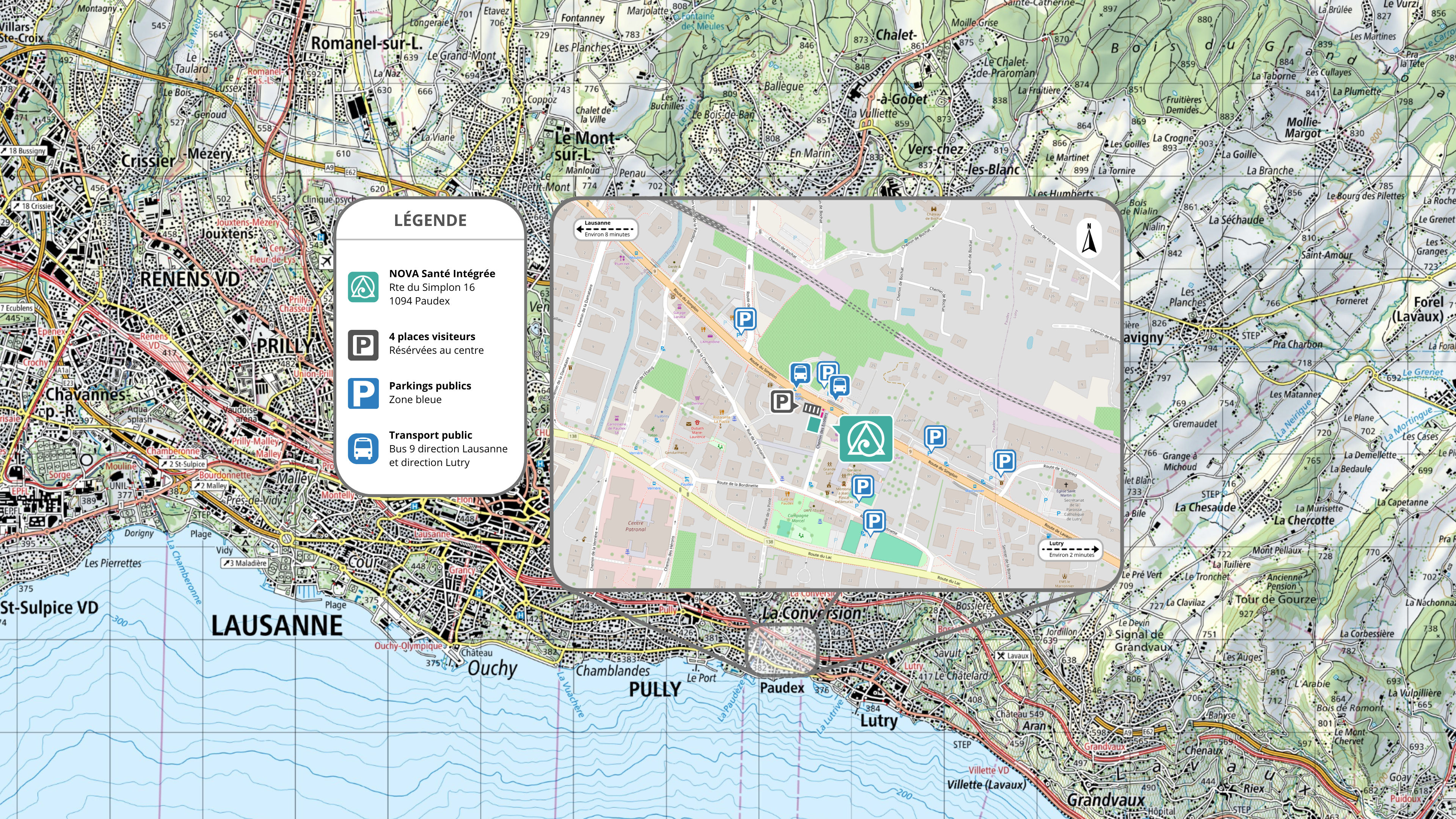 Plan d’accès avec parkings et localisation du centre NOVA Santé