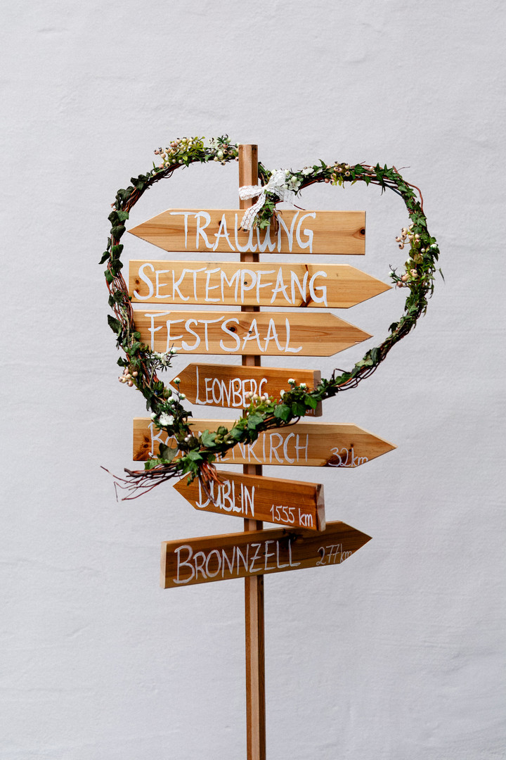 Dekoratives Holzschild mit Wegweisern zu verschiedenen Bereichen der Hochzeit, geschmückt mit einem Blumenkranz in Herzform.