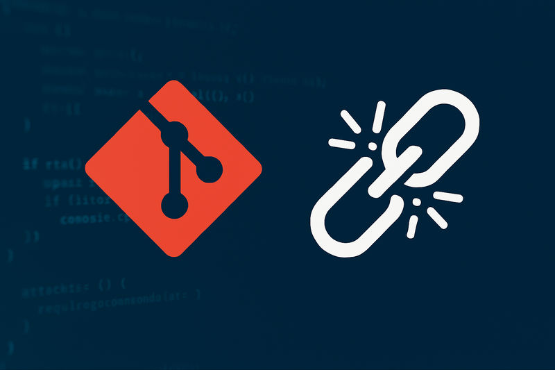 Git logo and broken chain icon on dark code background