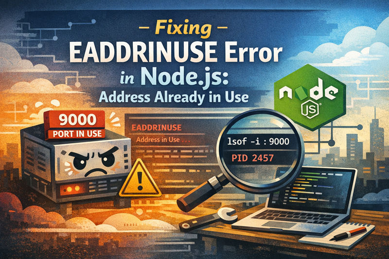 Illustration showing a Node.js server error where port 9000 is already in use