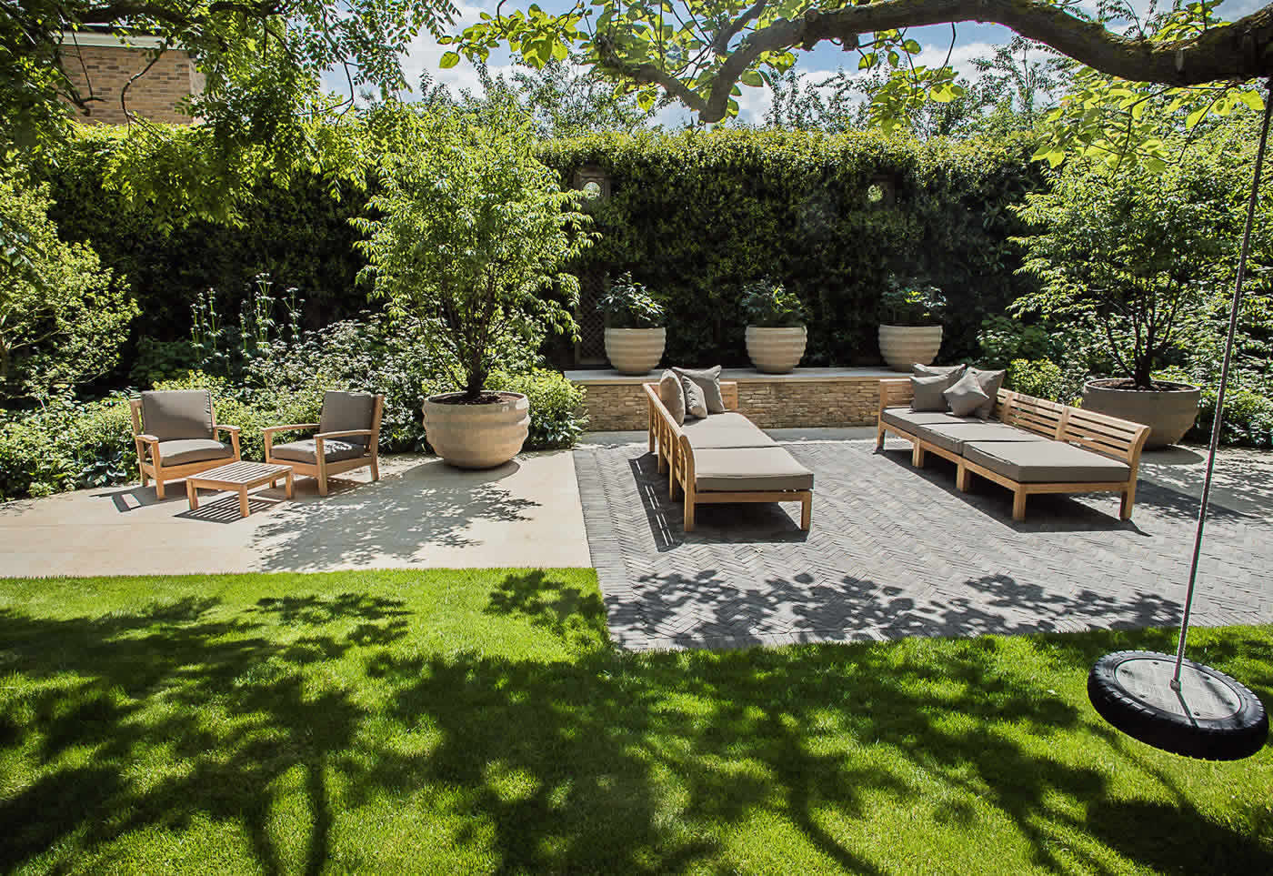 Large residential family garden design Fulham London grand scale lawn