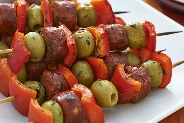 Chorizo and Olives Skewer with Honey-mustard Mayonnaise Recipe Spanish Tapas Bar Restaurant Serve the skewers in a tray with the mayo.