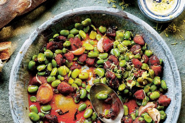 Habas con Chorizo Broad Beans Recipe Spanish Tapas Bar Restaurant, Broad (fava) beans are widely consumed all over Spain.