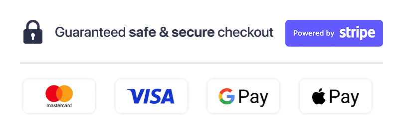 Secure payments powered by Stripe — Visa, Mastercard, American Express, Apple Pay and Google Pay accepted