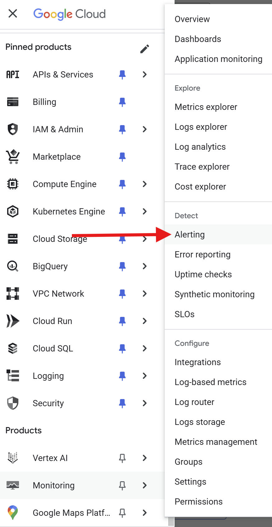 Monitoring and Alerting page in GCP Console