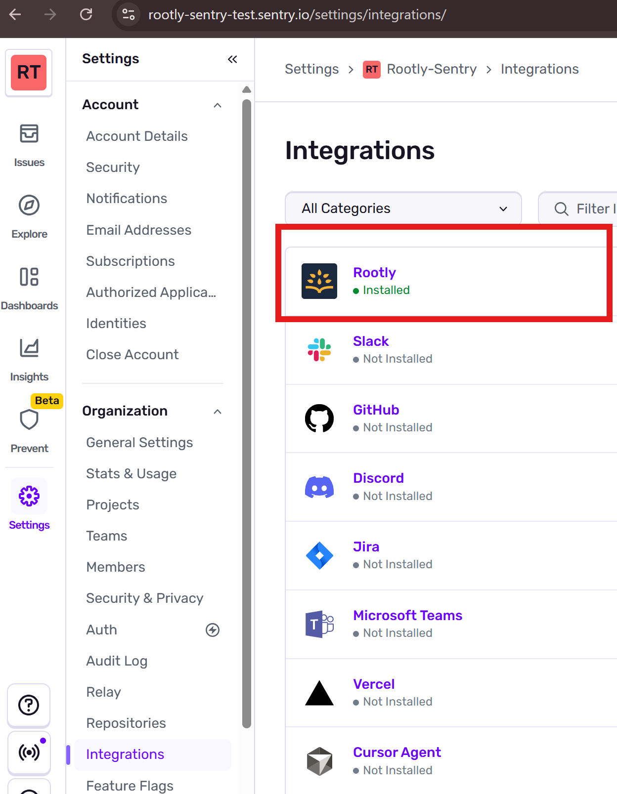 Rootly listed as installed in Sentry