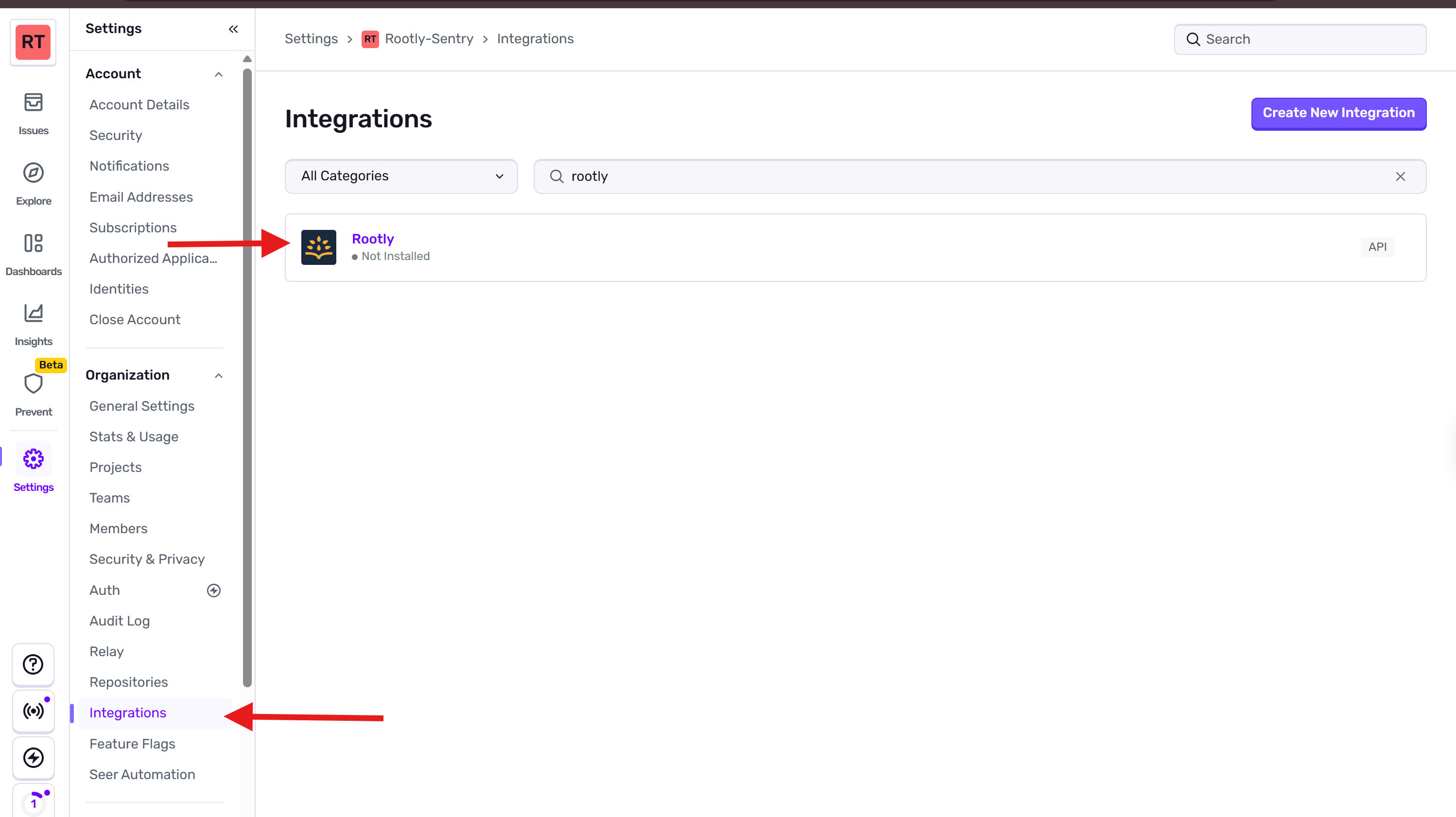 Rootly integration in Sentry integrations catalog