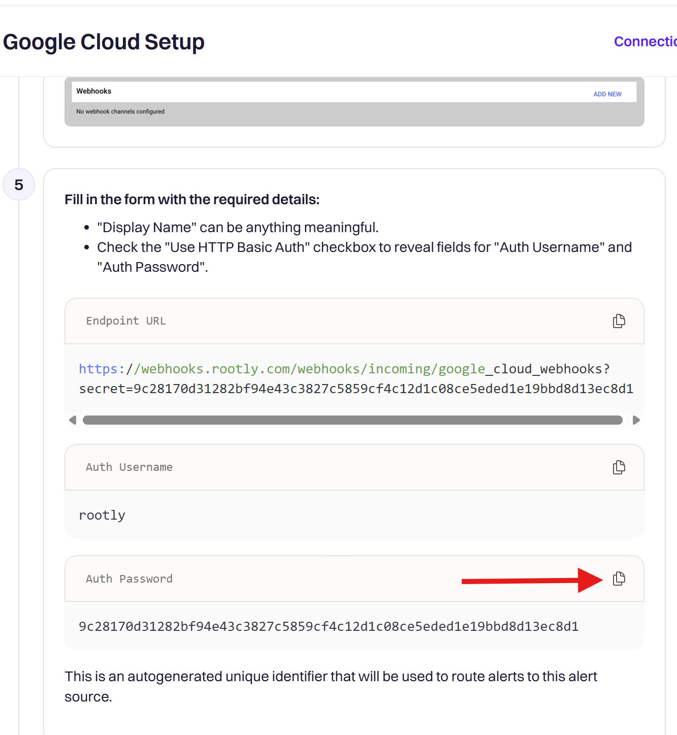 Copy Auth Password from Rootly GCP setup