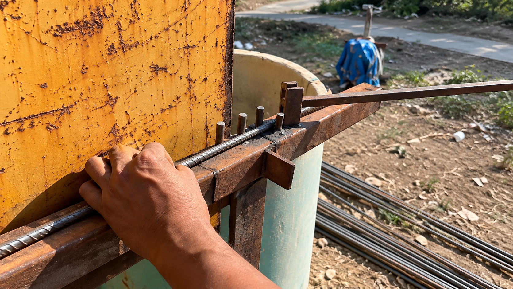 Manual TMT bar bending at construction site