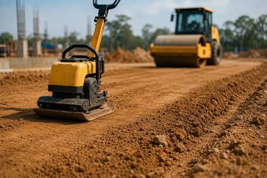 Soil vs asphalt compaction using road construction equipment