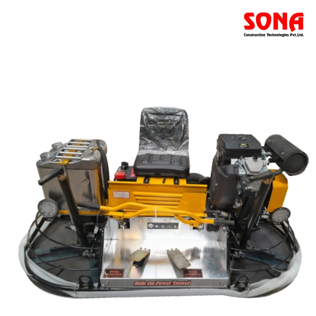 Ride-on power trowel finishing concrete floor