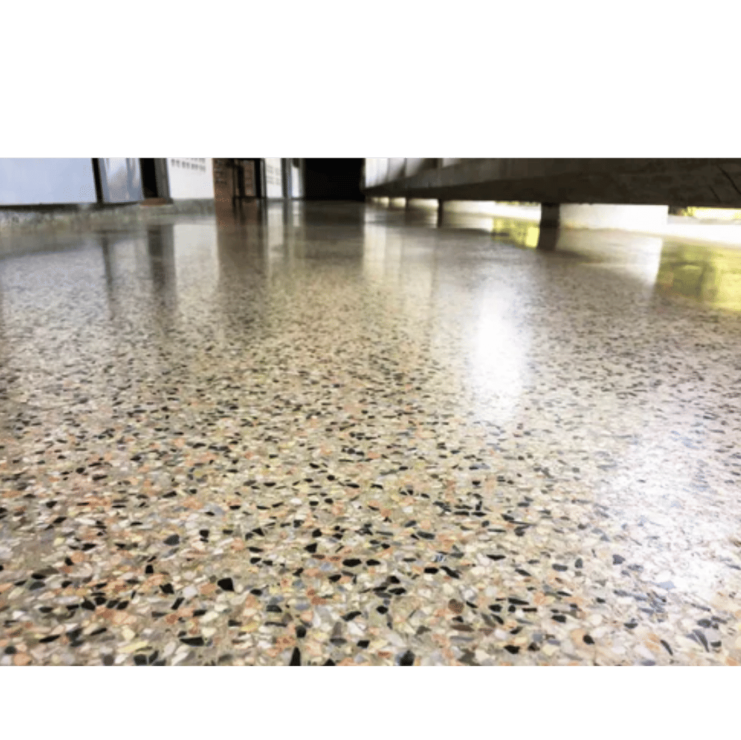 Terrazzo flooring surface with marble chips