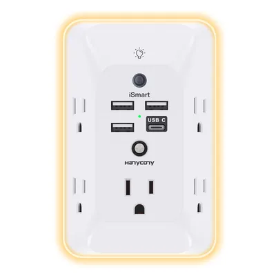 Outlet Extender with Night Light, HANYCONY Multi Plug Outlet, USB Wall Charger Surge Protector 4 USB Ports(1 USB C), Power Strip Electrical Outlet Splitter Expander for Home Office Dorm Room, ETL 1 USB C White
