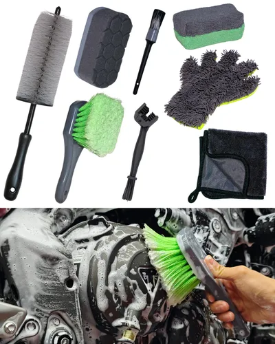 8 Pack Motorcycle Cleaning Kit - Professional Safe for Chrome/Engine/Tires, Hard Reach Brush, Microfiber Mitt, Detailing Tools, Drying Towel & Wax Applicators