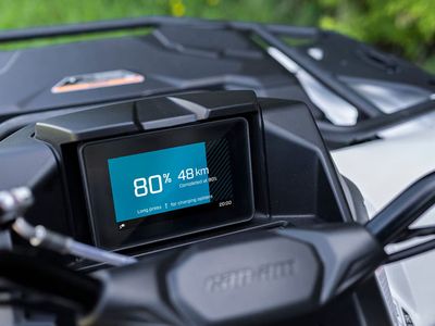 2026 Can-Am Outlander Electric MAX in Dark Wildland Camo — front three-quarter view