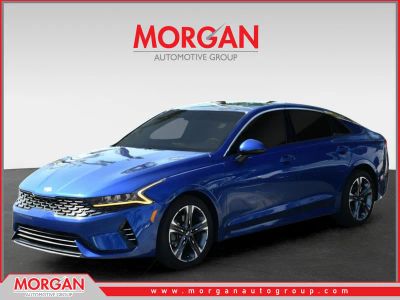 2021 Kia K5 EX in Sapphire Blue — front three-quarter view