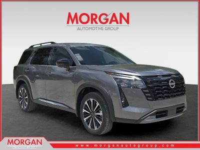 2026 Nissan Pathfinder Platinum in Gray — front three-quarter view