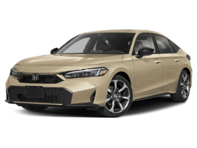 2026 Honda Civic Hatchback Hybrid Sport Touring in Sand Dune Pearl — front three-quarter view