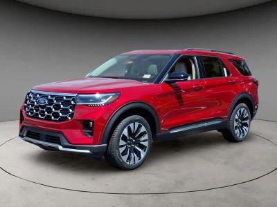 2026 Ford Explorer Platinum in Red Metallic — front three-quarter view