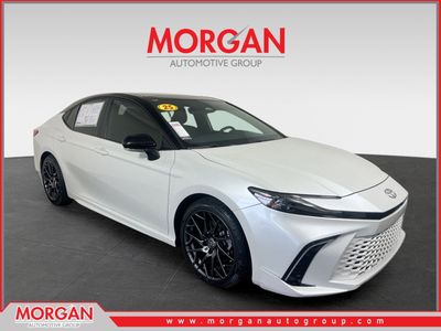 2025 Toyota Camry XSE in Wind Chill Pearl/Midnight Black Metallic — front three-quarter view