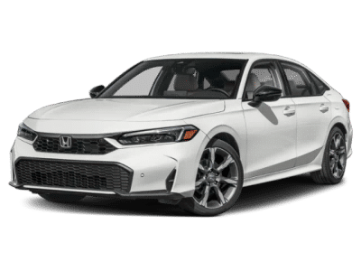 2026 Honda Civic Sedan Hybrid Sport Touring in Platinum White Pearl — front three-quarter view