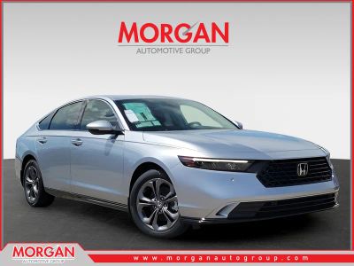 2025 Honda Accord Hybrid EX-L in Solar Silver Metallic — front three-quarter view