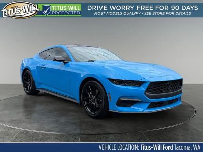 2025 Ford Mustang EcoBoost in Grabber Blue — front three-quarter view