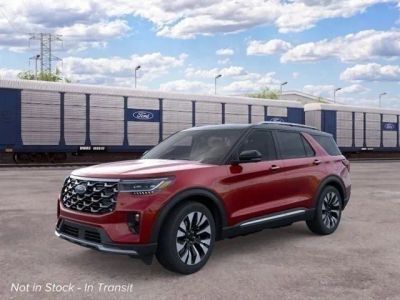 2026 Ford Explorer Platinum™ in Rapid Red Metallic Tinted Clearcoat — front three-quarter view